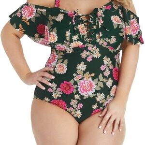Raisins Pink and Green One Piece Swim with Floral Ruffle Charm